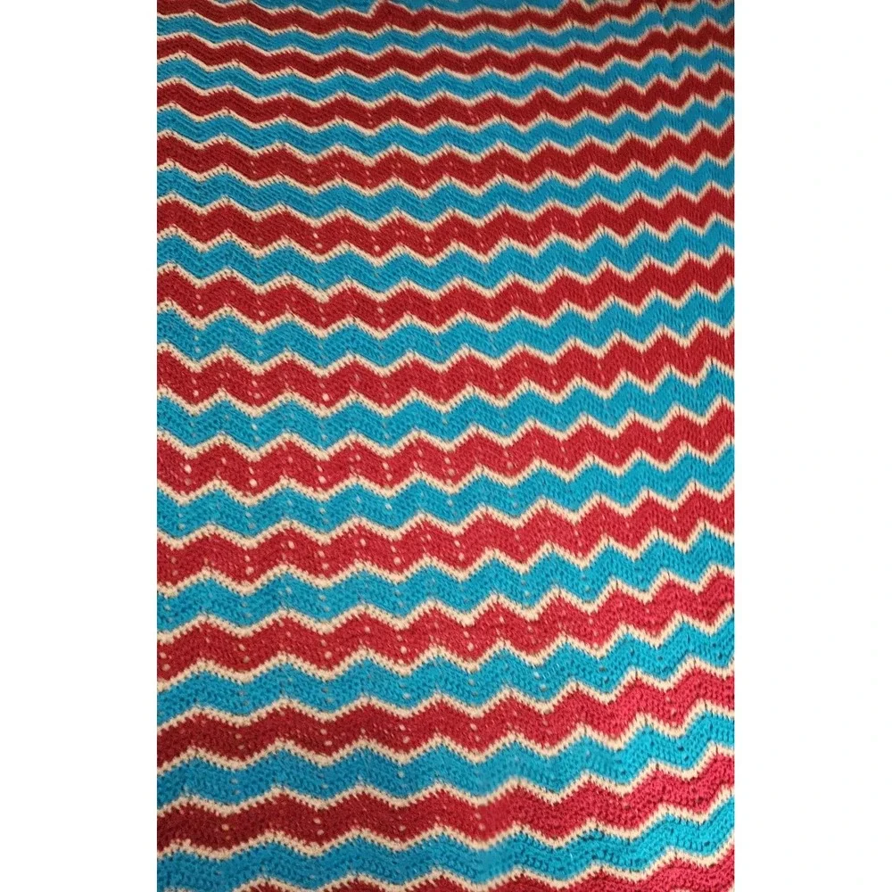Vintage Handmade Afgan Crochet Chevron Blue Red Grandma Granny‎ Blanket 76